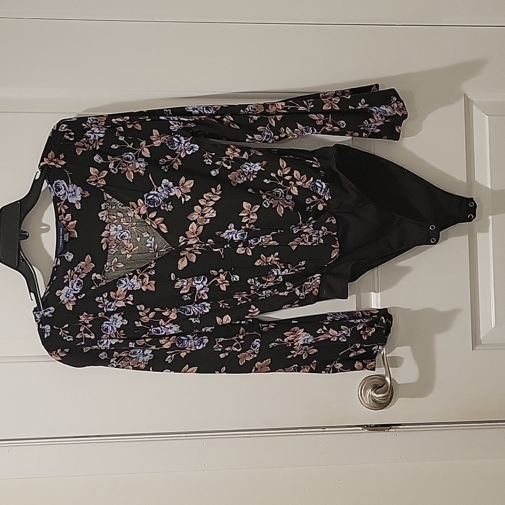 American Eagle Floral Long Sleeve Wrap Front Blouse Bodysuit - Small